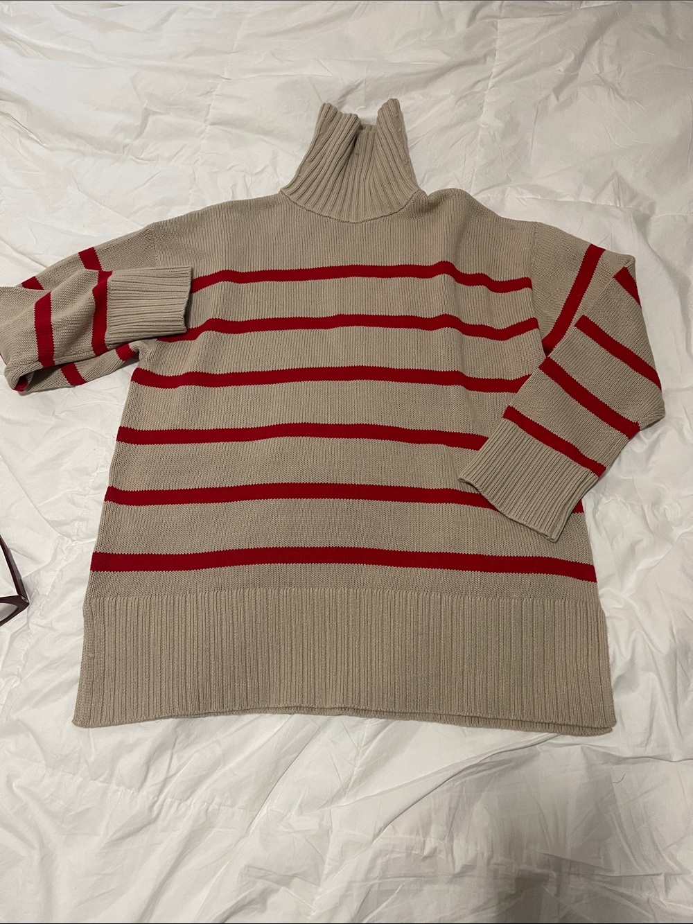 Beige and Red Striped Turtleneck Sweater